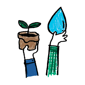 ilustración de manos sosteniendo macetero y gota de agua